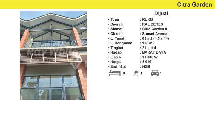 Dijual Ruko Bagus 103 m2 HGB Citra 8 Kalideres, Jakarta Barat 0038-HOS