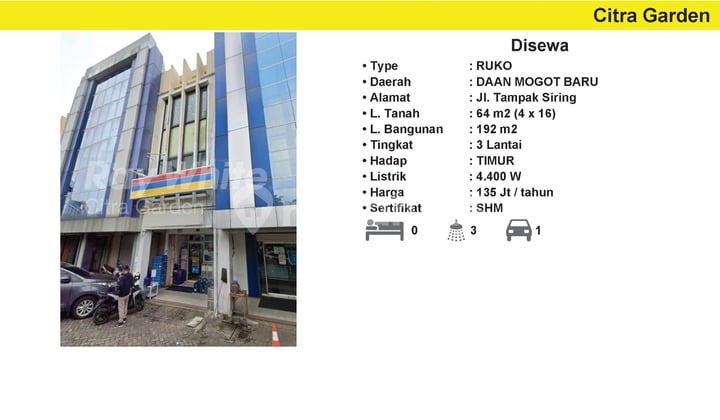 Disewakan Ruko 192 m2 Daan Mogot Baru, Jak Bar 0004-PAU