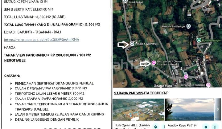 Tanah Dijual dengan Menyajikan Panorama Lembah Gunung dan Parsial Laut Terletak di Baturiti, Tabanan