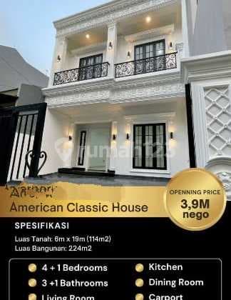 Rumah Brand New American Classic Uku 6X19 Timur Jalan Utama Bagus Lgs Masuk