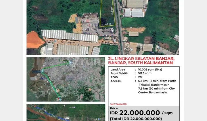 Kavling komersial 1ha lebar muka 160m di jalan utama lingkar Selatan Banjarmasin kalimantan selatan, cocok untuk Pergudangan & Ruko