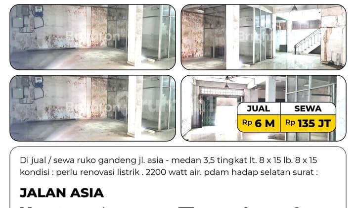Di Jual / Sewa Ruko Gandeng Jl. Asia - Medan