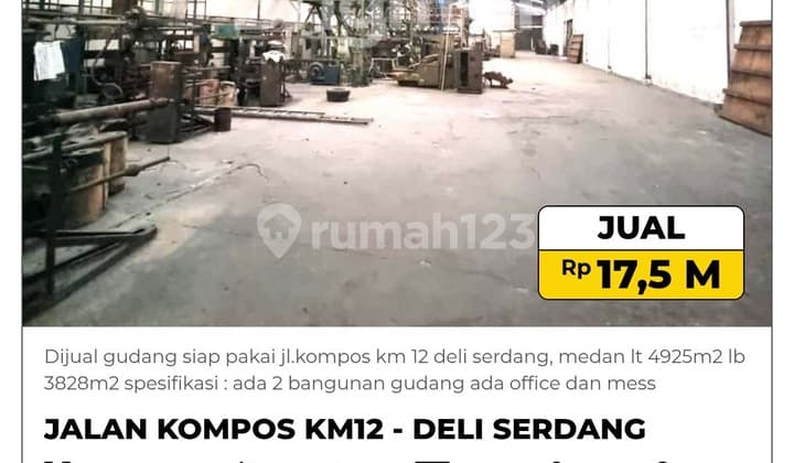 Dijual Gudang Siap Pakai Jalan Kompos KM 12 Deli Serdang