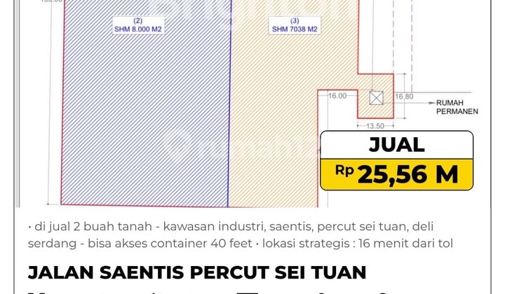 Di Jual 2 Buah Tanah - Kawasan Industri, Saentis, Percut Sei Tuan