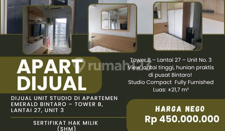 Dijual Unit Studio Di Apartemen Emerald Bintaro - Tower B, Lantai 27, Unit 3