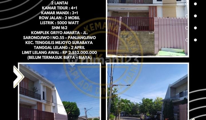 Dijual Via Lelang : Rumah di Panjangjiwo - Tenggilis Mejoyo Surabaya (2 Lantai) - Luas 300 M2