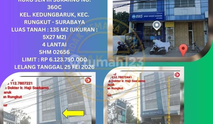 Jual Ruko (4 Lantai) Lelang Bank di Surabaya (Jln Ir Sukarno - Kedungbaruk Rungkut) : Lelang Kpknl