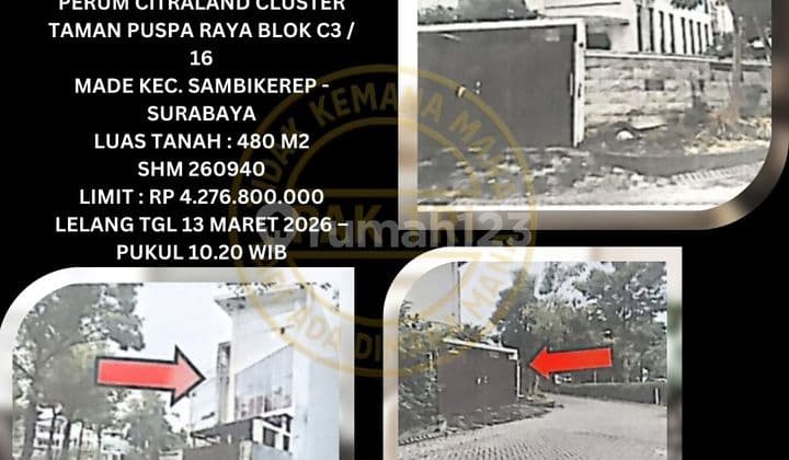 Jual Rumah Lelang Bank di Sambikerep Surabaya (Perum Citraland Cluster Taman Puspa Raya) - Lelang Kpknl