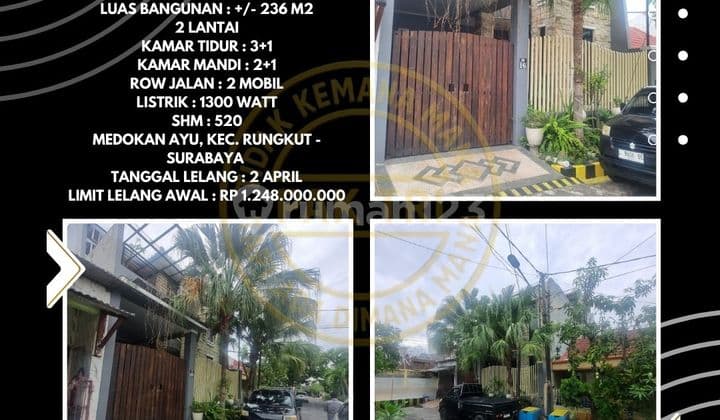 Dijual Via Lelang : Rumah Medokan Ayu Surabaya 2 Lantai - Luas 128 M2