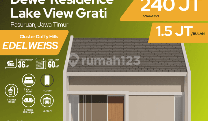 Rumah Type 36/60 Edelweiss Blok A15 Grati – UTJ hanya 500 ribu