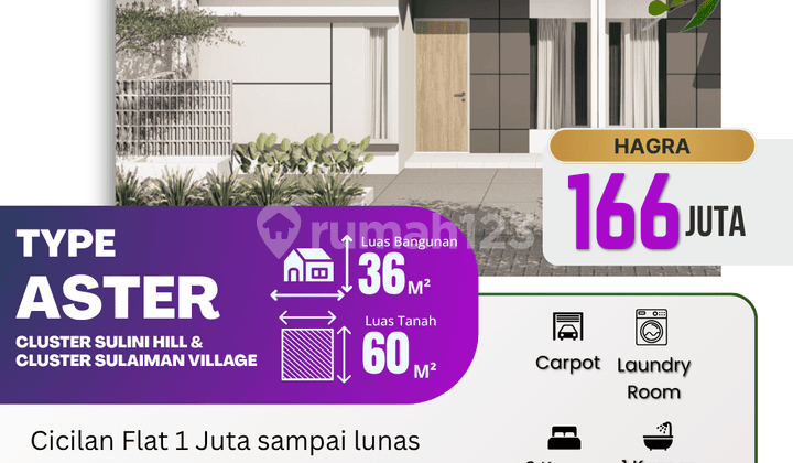 Rumah Minimalis 36/60 Grati, Cicilan 1Jt Tanpa DP