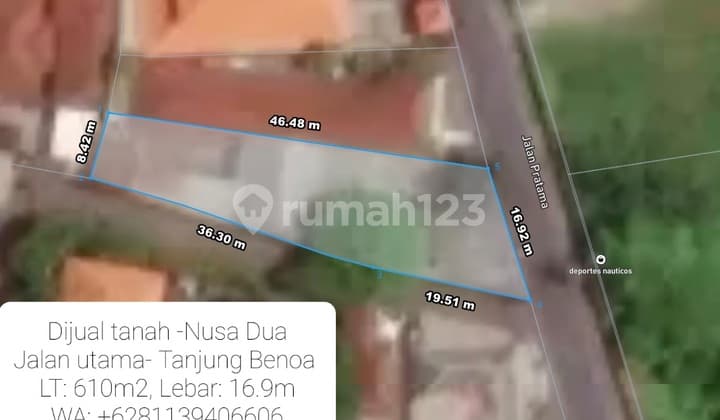 For Sale 610M2 Land on Jl Utama Tanjung Benoa, Nusa Dua