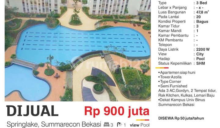 Hot Hot Disewa Atau Dijual Apartment Springlake di Summarecon Bekasi Tower Azolla,lantai 20, No 32 Lal