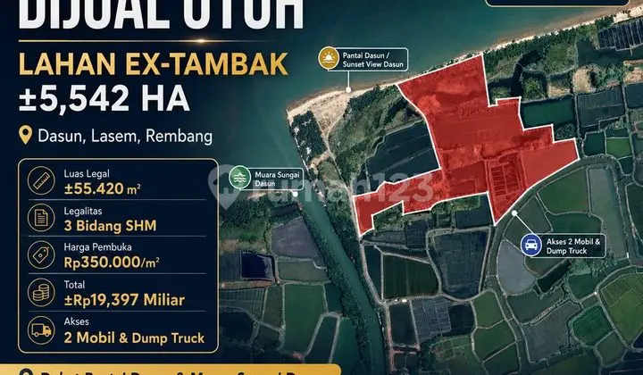 For Sale: Ex-Fishpond Land 5.5 Ha in Dasun Lasem Rembang, Freehold Title, Near Dasun Beach