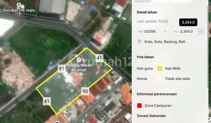 Tanah Lokasi Premium Jln Merdeka Kuta 3354M2