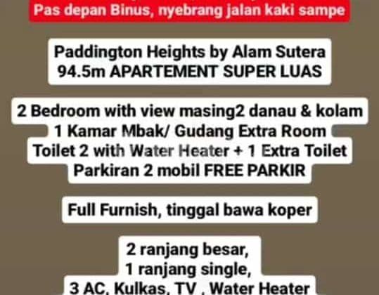 Dijual Apartement Paddington Heights by Alam Sutra full furnished