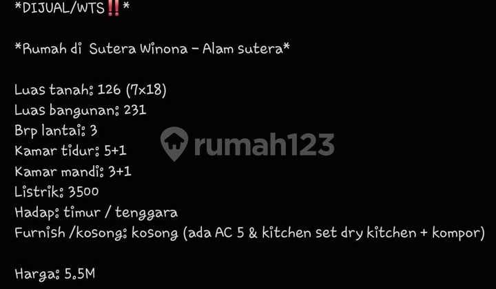 Jual Rumah Sutera Winona Alam Sutera Tangerang