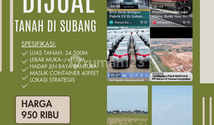 Tanah Sawah untuk Industri Pergudangan dan Pabrik di Pelabuhan Patimban Subang