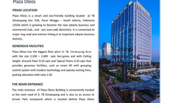 Dijual Office Tower Plaza Oleos Tb Simatupang Jakarta Selatan