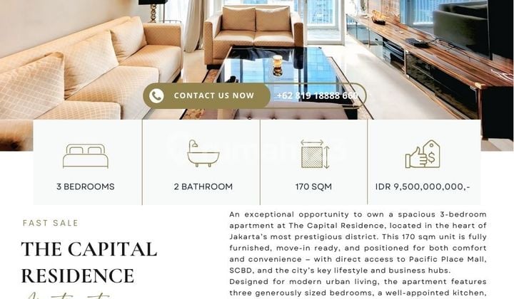 Fast Sale: The Capital Residence, 3Br 170Sqm, Fully Furnished, Best Price