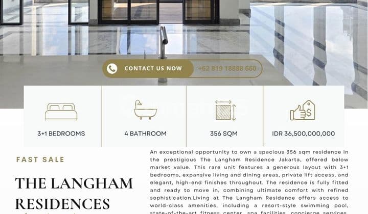 Langham Residence, 3+1BR 356sqm, Harga termurah dan TIPE LANGKA.