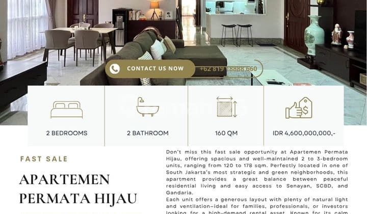 Apartemen Permata Hijau, 2BR 160sqm, Unit rapih dan terawat, JUAL CEPAT