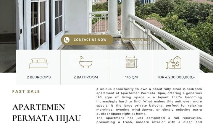 Apartemen Permata Hijau, Gedung Putih, 2Br 143Sqm, Baru Renovasi dan Spacious Balcony! Super Rare
