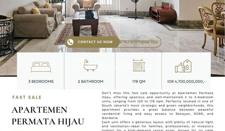 Apartemen Permata Hijau 3BR 178sqm, JUAL CEPAT, best price guaranteed! NEGO UNTIL DEALS DONE