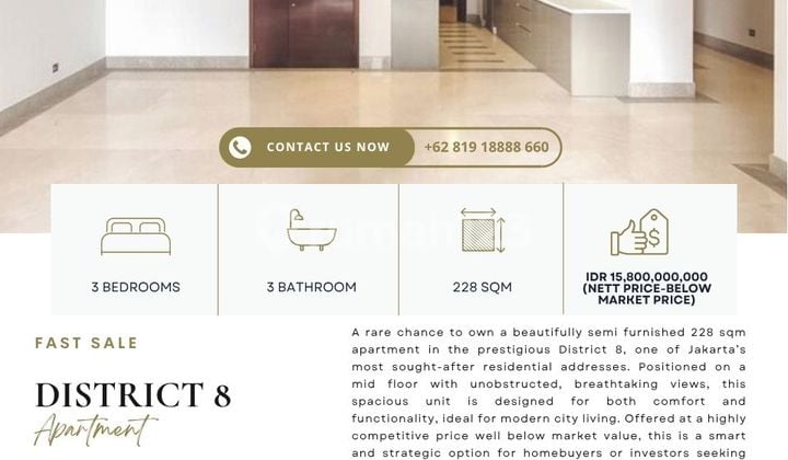 District 8, 3Br 228Sqm, Fast Sale, The Only Unit 228Sqm Available For Sale! Best Price Guaranteed!