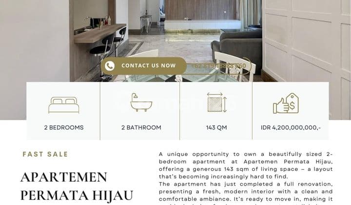 Apartemen Permata Hijau, Gedung Putih, 2Br 143Sqm, Baru Renovasi, Harga Termurah, Siap Huni!