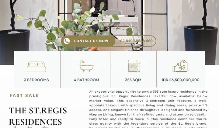 St.Regis Residences, 3BR 355sqm, Fully furnished & Ready to move in | 2 years rental guarantee and Service charge!