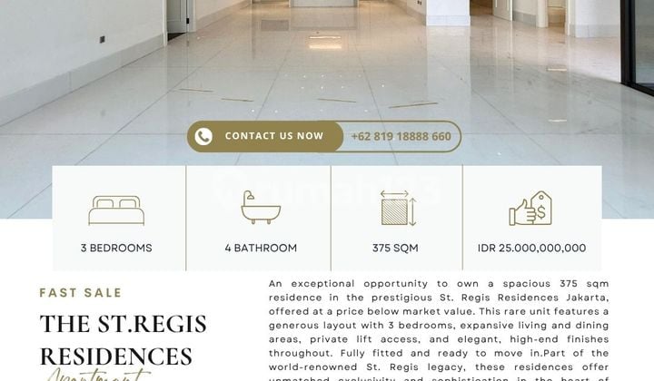 St. Regis Jakarta Residences, 3Br 375Sqm, Harga Termurah, High Floor With Unblocking View