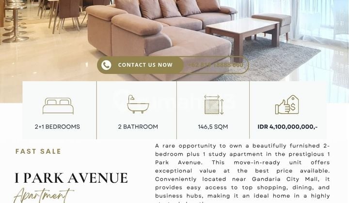 FAST SALE: 1Park Avenue, 2+1BR, Harga lebih murah dari 2BR, fully furnished, BEST DEAL EVER