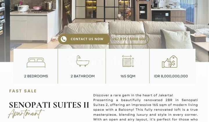 Senopati Suites II, 2BR 165sqm, with balcony facing Sudirman!