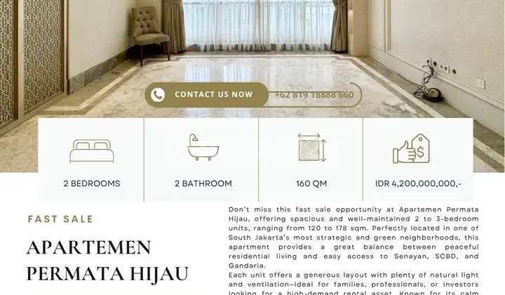 Apartemen Permata Hijau , 2Br 160Sqm For Sale, Total Renovated, Ready To Move In, Best Deal Guaranteed