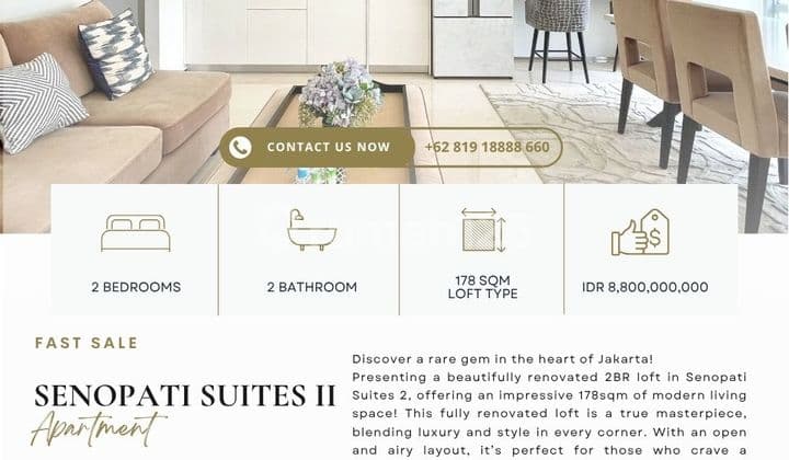 Senopati suites 2, Loft type, 2BR 178sqm, Ready to move in, Facing SUDIRMAN