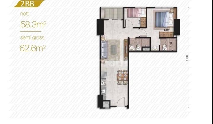 Dijual Apartemen Grand Madison Central Park 2BR Uk 58.3 m² at Jakarta Barat
