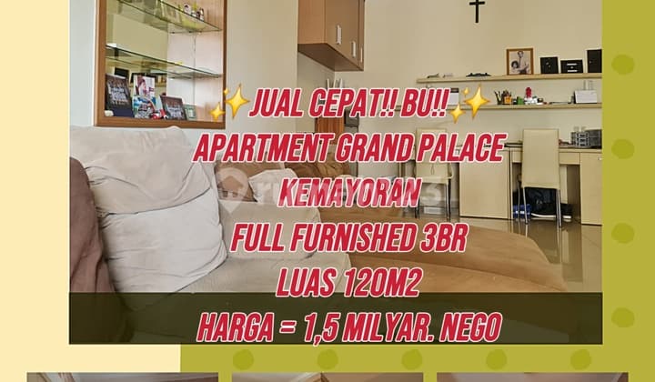 JUAL CEPAT! BU! APARTEMENT GRAND PALACE KEMAYORAN 3BR FF