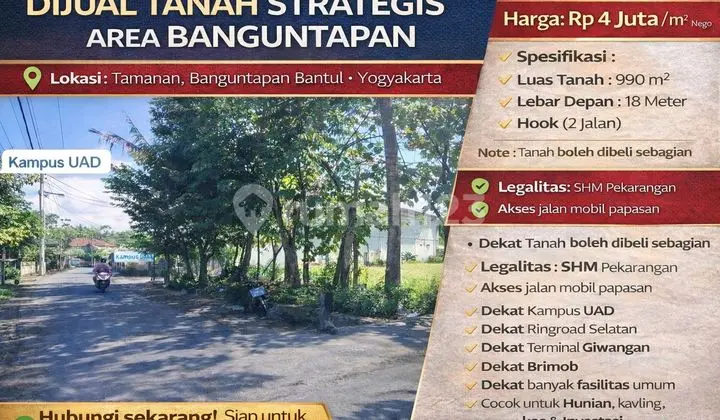 Dijual Tanah Hook 990 M² Banguntapan - Dekat Kampus Uad & Ringroad Selatan