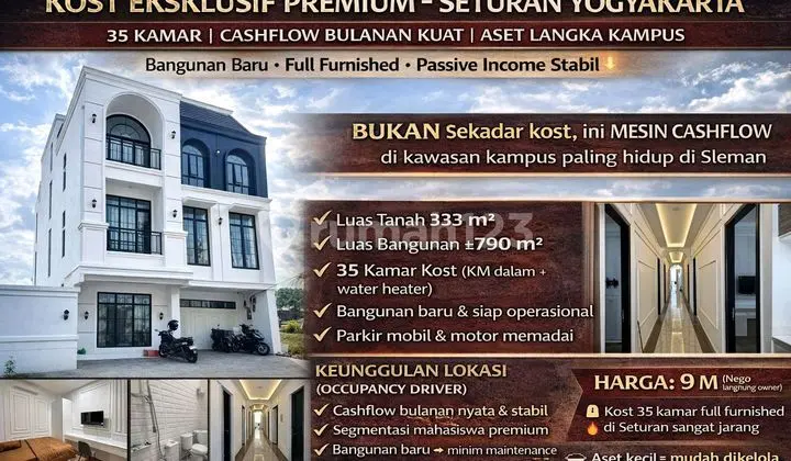 Kost Eksklusif Premium - Seturan Yogyakarta35 Kamar | Cashflow Bulanan Kuat | Aset Langka Kampus