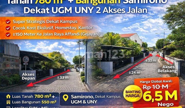 Tanah 780 M² + Bangunan Samirono Dekat Ugm Uny 2 Akses Jalan