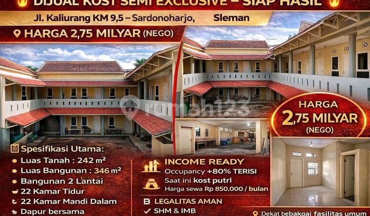 Kost Semi Exclusive 22 Kamar - Income Ready 80% | Jl. Kaliurang Km 9,5 Sleman