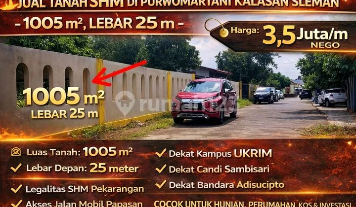 Jual Tanah SHM di Purwomartani Kalasan Sleman - 1005 M², Lebar 25 M Jual Tanah SHM di Purwomartani Kalasan Sleman - 1005 M², Lebar 25 M