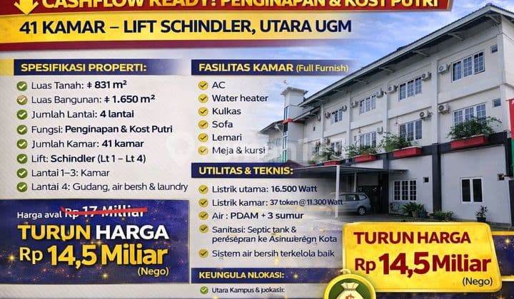 Investor Alert! Penginapan & Kost Putri 41 Kamar - Lift Schindler, Utara Ugm