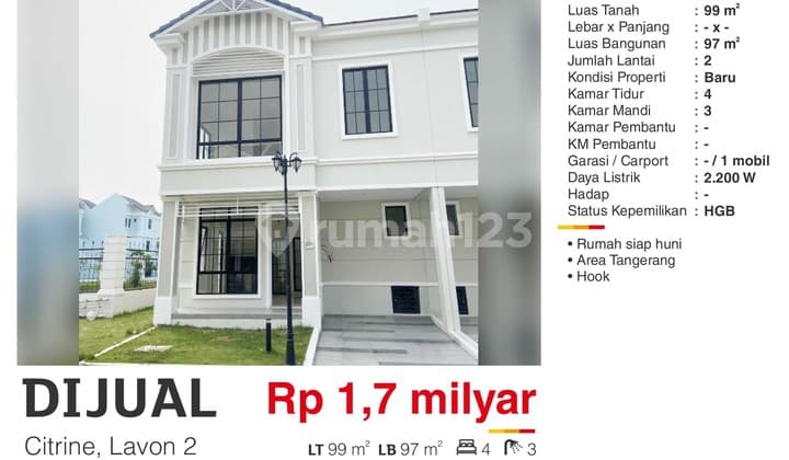Dijual Rumah 2 Lantai Lavon 2 ,citrine Tangerang Siap Huni Bagus HGB