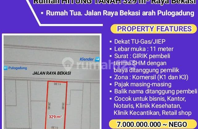 Rumah Tua Hitung Tanah 329M² Raya Bekasi Dekat Tugas/Jiep Pgadung