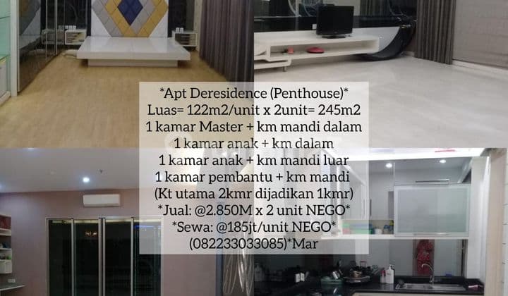 RENT: De RESIDENCE TOWER D Waterplace Pakuwon Indah, FURNISH, Ready 2unit (@185jt × 2thn) bs NEGO (DIJUAL @2.85M/unit NEGO Luas @122m2 x 2unit)