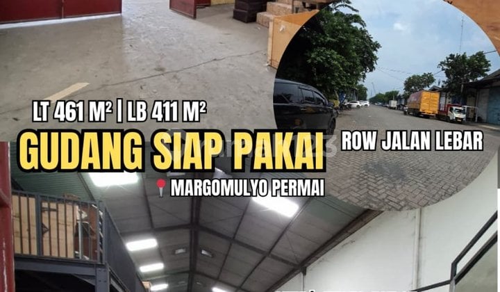Di Jual Murah Gudang Strategis Siap Pakai di Margomulyo Permaispesifikasi :Lt 461 M² Lebar 11 Mtrlb 411 M²Km 1 Air PDAM Listrik 2200 Watt Ada Kantor Hadap Selatan Sertifikat SHM Harga 4.5 M Nego